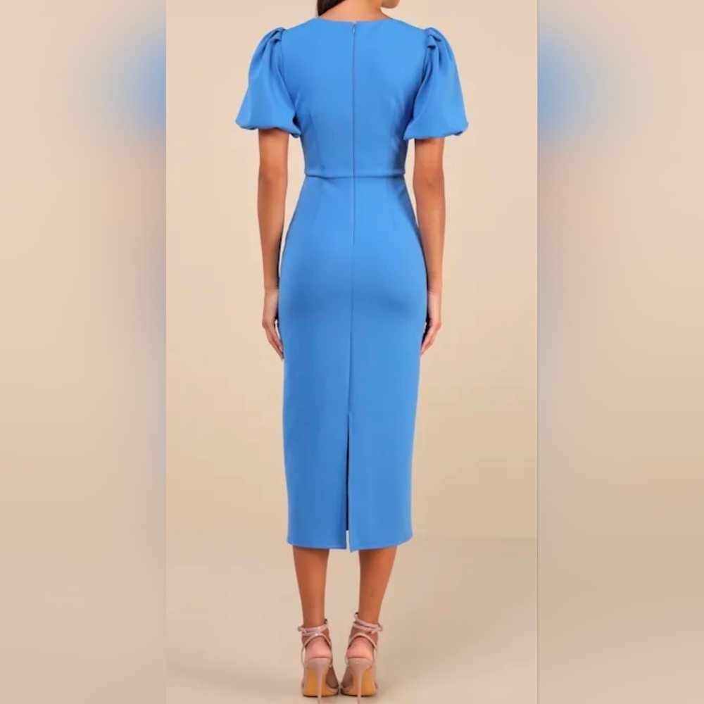 Lulus Simply Beloved Medium Blue Puff Sleeve Bodycon Midi Dress, Size Medium - Picture 7 of 11